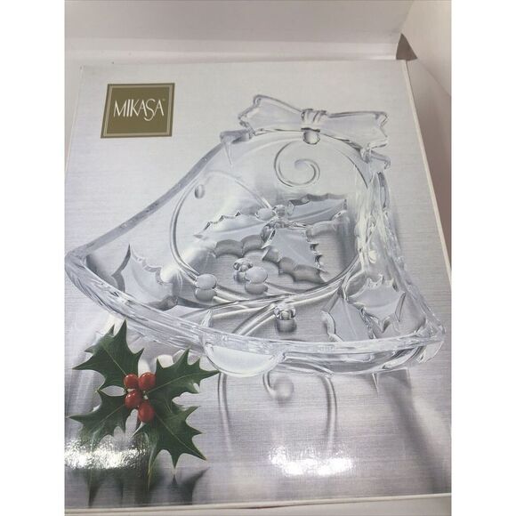 Mikasa WY521/513 Glass Bell Christmas Candy Dish Season's Holly 7" New - Picture 1 of 6